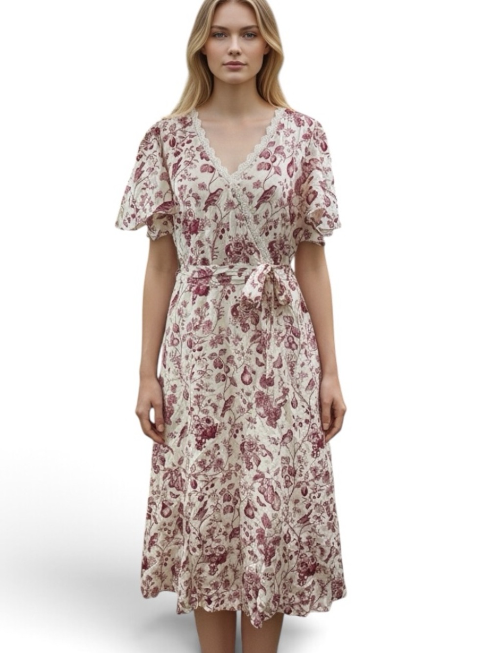 Garden Print Floral Lace Trim Midi Dress Pockets BloomChic Size 12 NWT